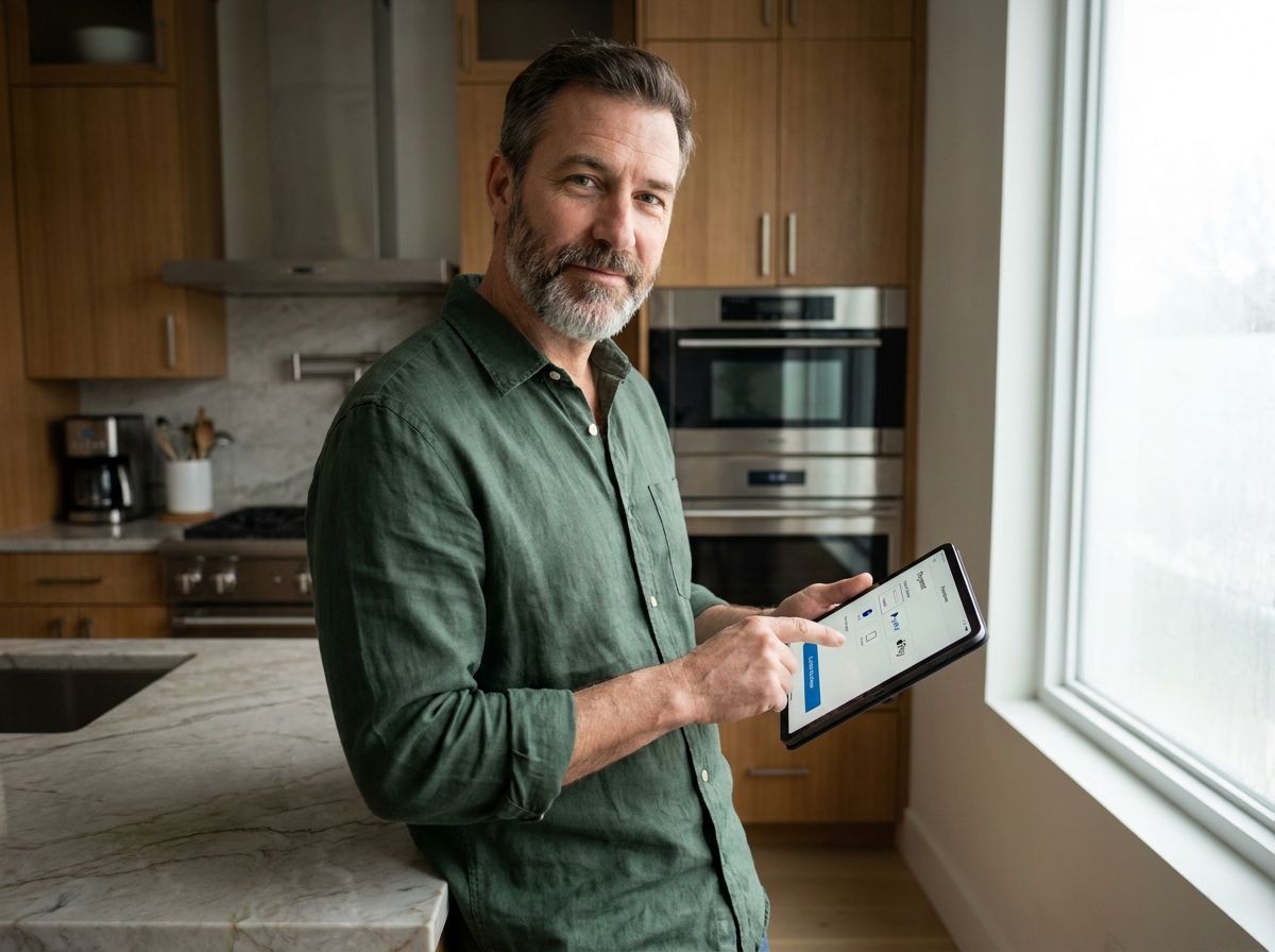 Homme effectuant un achat en ligne avec plusieurs options de paiement sur une tablette dans une cuisine moderne