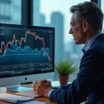 Homme d'affaires en costume regardant un graphique boursier en baisse