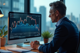 Homme d'affaires en costume regardant un graphique boursier en baisse