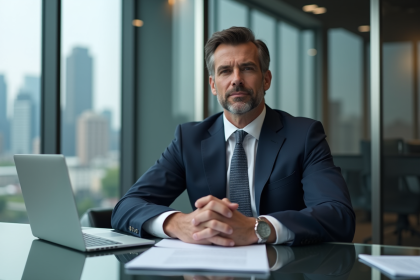 Homme d'affaires en costume cravate dans un bureau moderne
