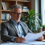 Homme d'affaires en costume gris examine des documents fiscaux