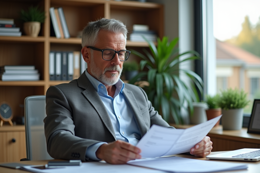 Homme d'affaires en costume gris examine des documents fiscaux