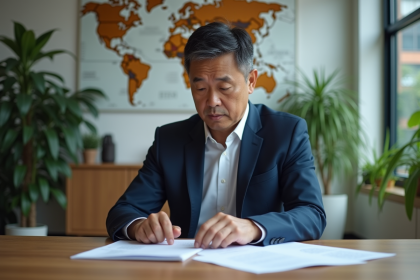 Homme d affaires asiatique en costume navy dans un bureau moderne