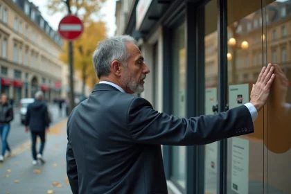 Homme d'affaires devant une banque postale fermée