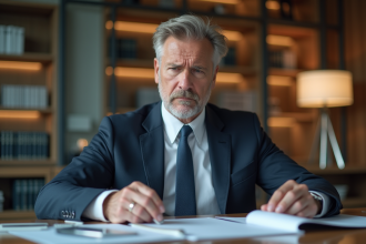 Homme d affaires en costume examine des documents de pret