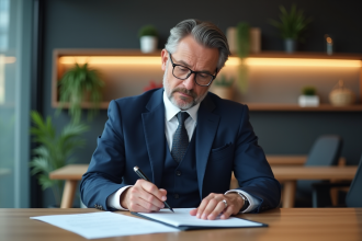 Homme d'affaires signant des documents dans un bureau moderne