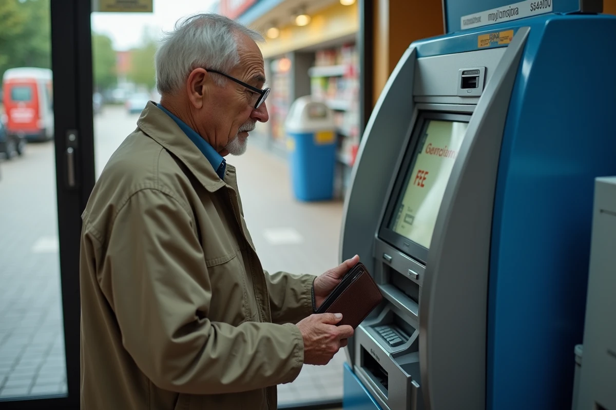 Homme âgé hésitant devant les frais affichés sur un distributeur automatique en supermarché