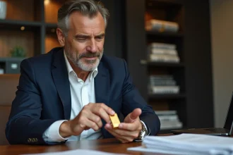 Homme d'âge moyen examinant une barre d'or de 24 carats