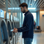 Homme d'affaires utilisant un ATM dans une banque moderne