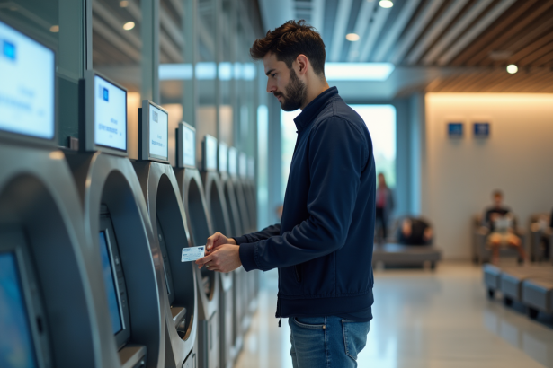 Homme d'affaires utilisant un ATM dans une banque moderne