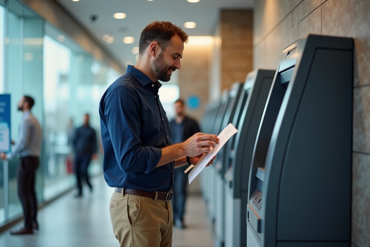 Homme vérifiant son reçu bancaire à un distributeur