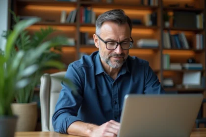 Homme consultant ses comptes BNP Banque Privée sur un ordinateur portable dans un bureau à domicile moderne