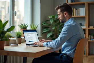 Homme d'affaires au bureau à domicile avec ordinateur et plantes