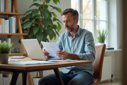 Homme d'âge moyen travaillant à son bureau à domicile