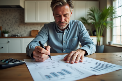 Homme d'âge moyen réfléchissant à des calculs et graphiques