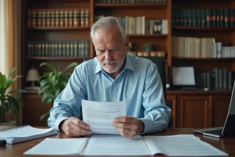 Homme d'âge mûr examinant un refus administratif fiscal sur formulaire 2041-DPTF-SD à son bureau à domicile