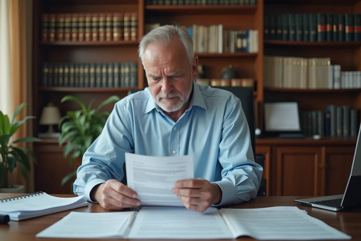 Homme d'âge mûr examinant un refus administratif fiscal sur formulaire 2041-DPTF-SD à son bureau à domicile