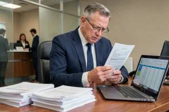 Homme d'affaires consultant un contrat d'assurance vie à la Banque Postale avec une expression préoccupée