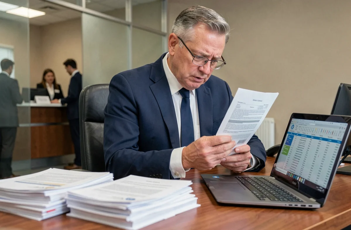 Homme d'affaires consultant un contrat d'assurance vie à la Banque Postale avec une expression préoccupée