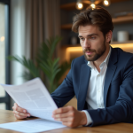 Jeune homme en costume examine des documents de prêt immobilier