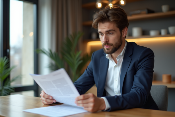 Jeune homme en costume examine des documents de prêt immobilier