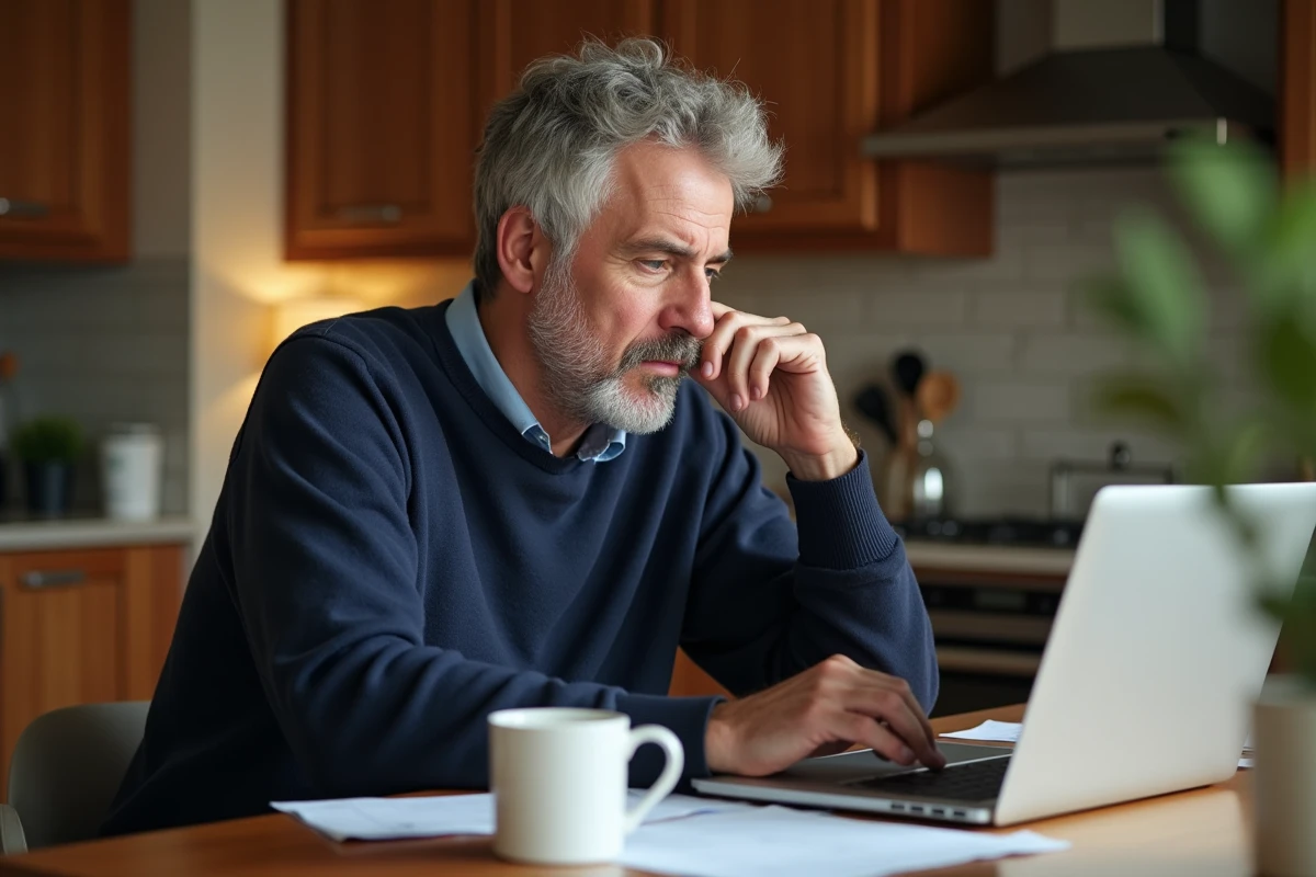 Homme regarde son ordinateur et fiche de paie à la maison