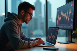 Homme analysant des graphiques crypto sur son ordinateur
