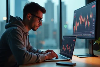 Homme analysant des graphiques crypto sur son ordinateur