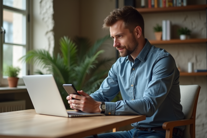 Jeune homme en bureau consulte ses balances crypto