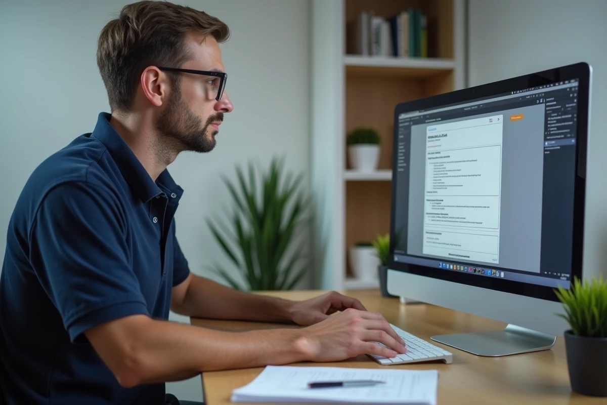 Homme déclarant le versement 1745 en ligne sur son ordinateur de bureau à domicile