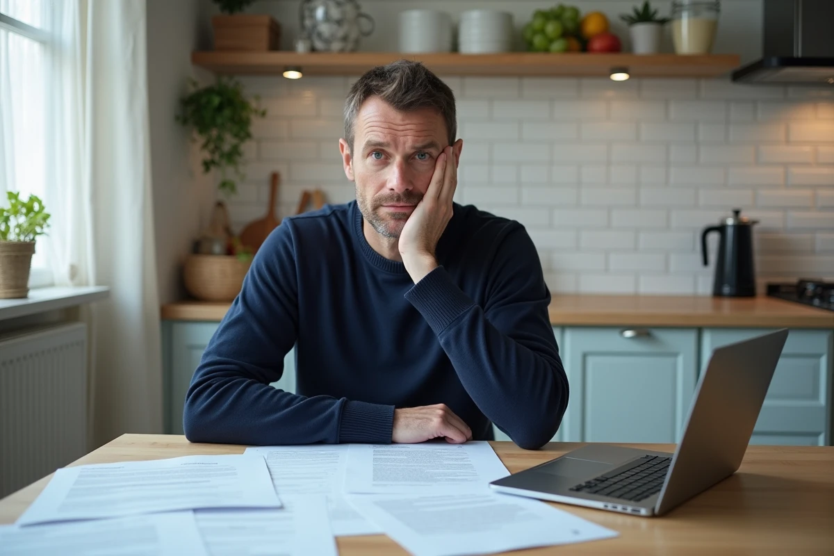 Homme gérant des démarches administratives pour la tutelle et les aides sociales depuis son domicile avec un ordinateur portable