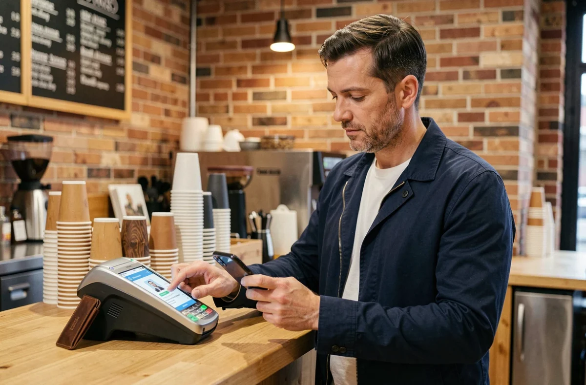 Homme effectuant un don sur une cagnotte depuis son smartphone dans un café, illustrant le processus de contribution et les frais associés