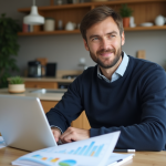 Homme d'affaires concentré avec ordinateur et graphiques