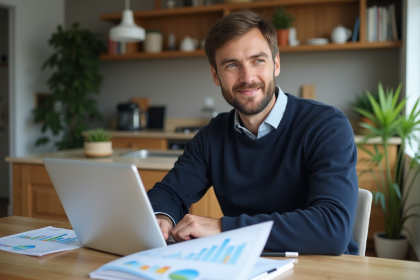 Homme d'affaires concentré avec ordinateur et graphiques