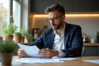 Homme en costume dans une cuisine moderne en train de lire des documents financiers
