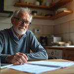 Homme français d'âge moyen travaillant à la maison avec documents