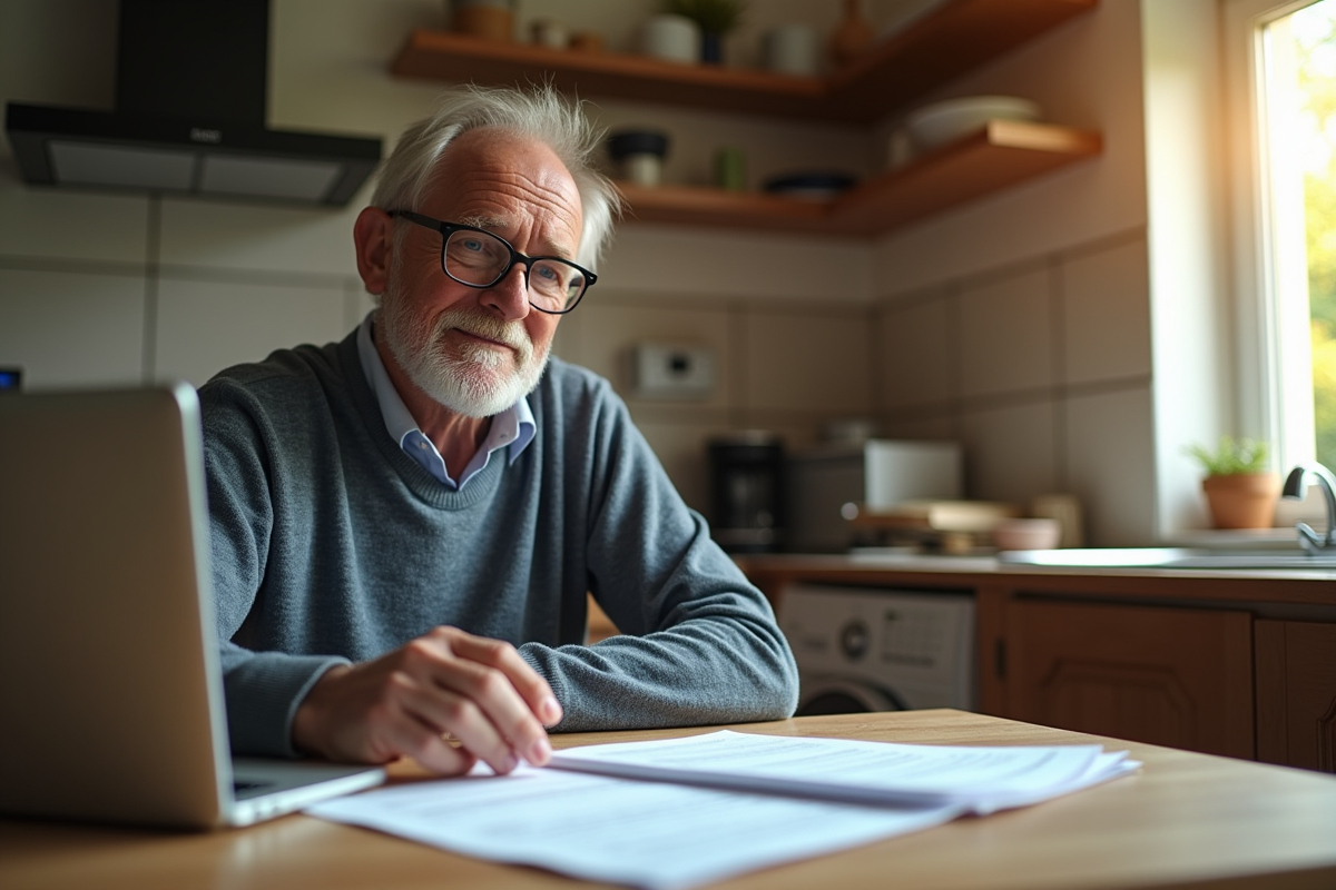 Homme français d'âge moyen travaillant à la maison avec documents