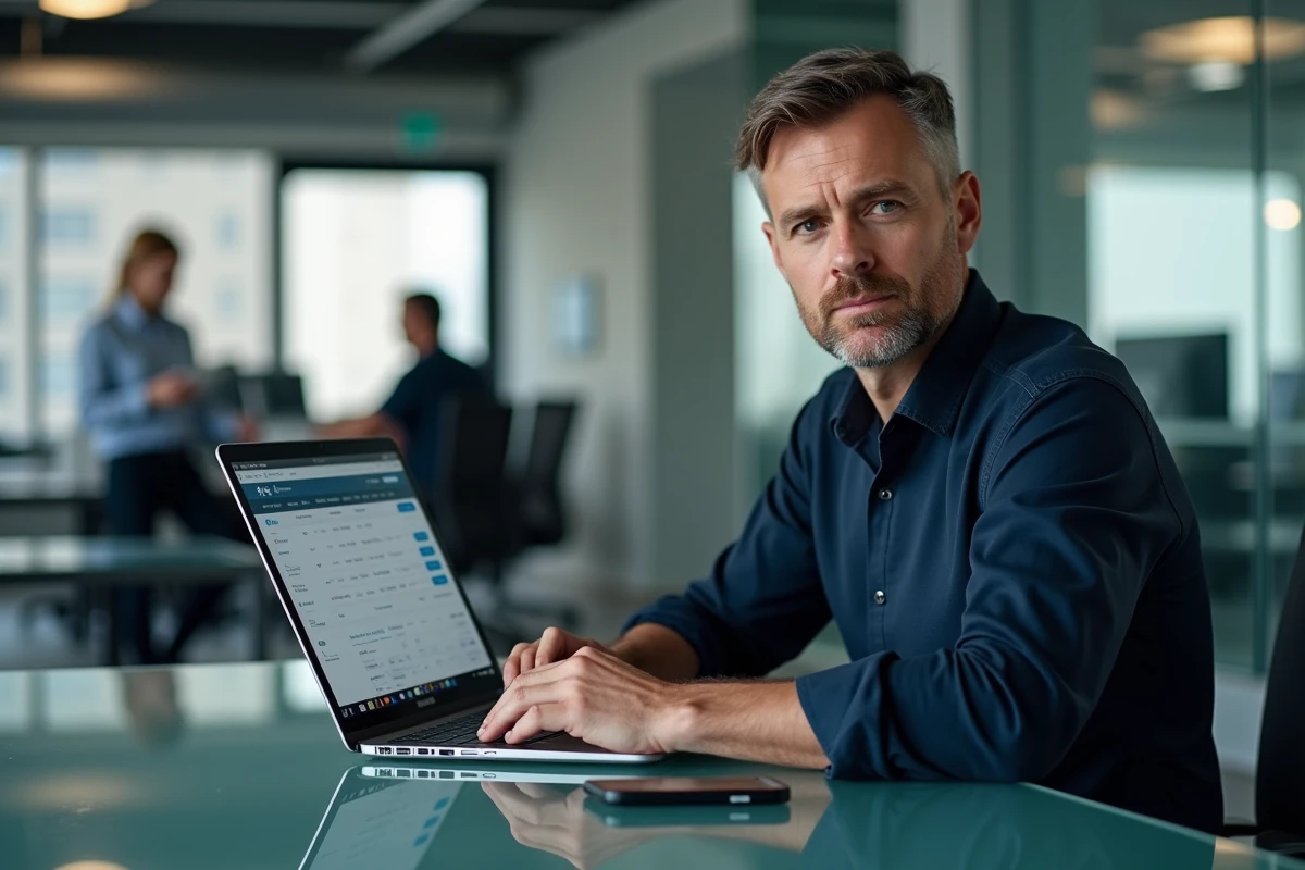Homme en entreprise utilisant simultanément un ordinateur et un smartphone pour gérer ses services bancaires en ligne