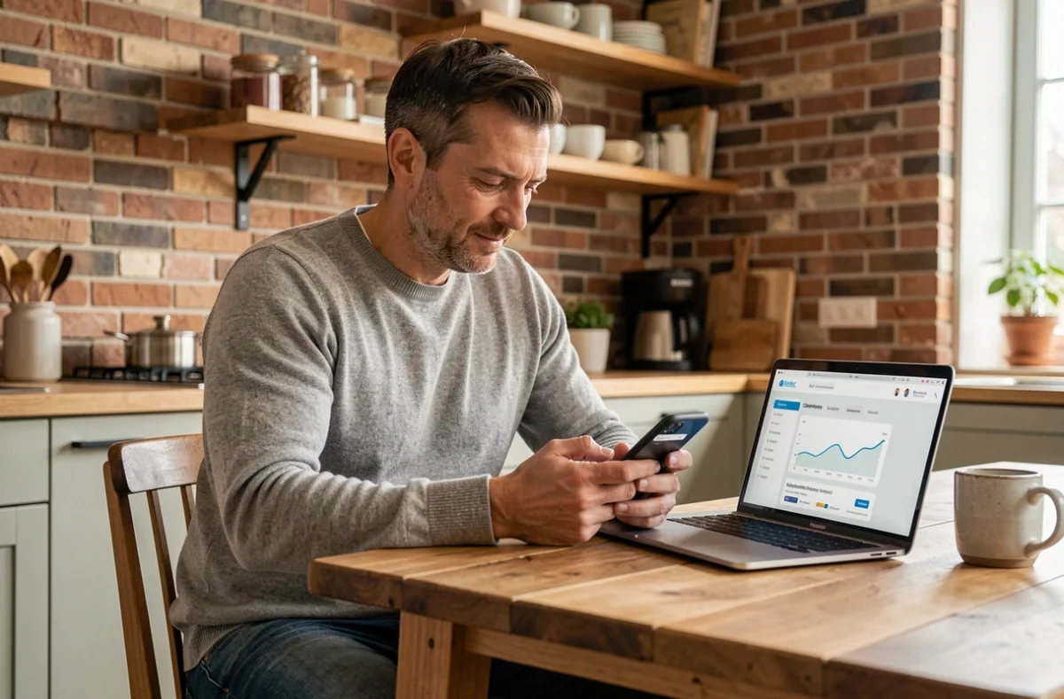 Homme gérant ses finances personnelles depuis chez lui en comparant le Crédit Agricole Gers et une banque en ligne sur smartphone