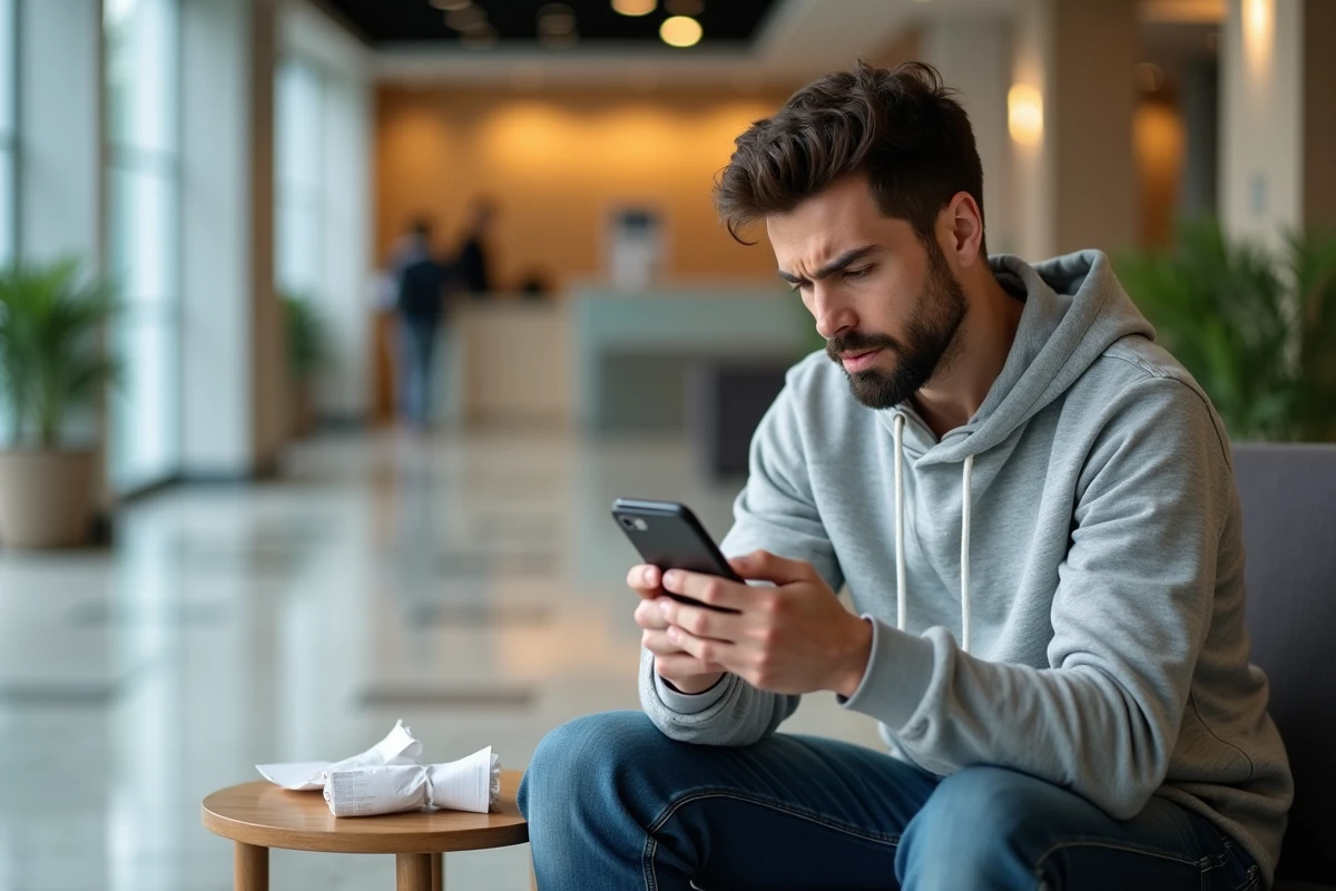 Jeune homme inquiet dans une agence bancaire après une erreur de retrait d'argent au distributeur