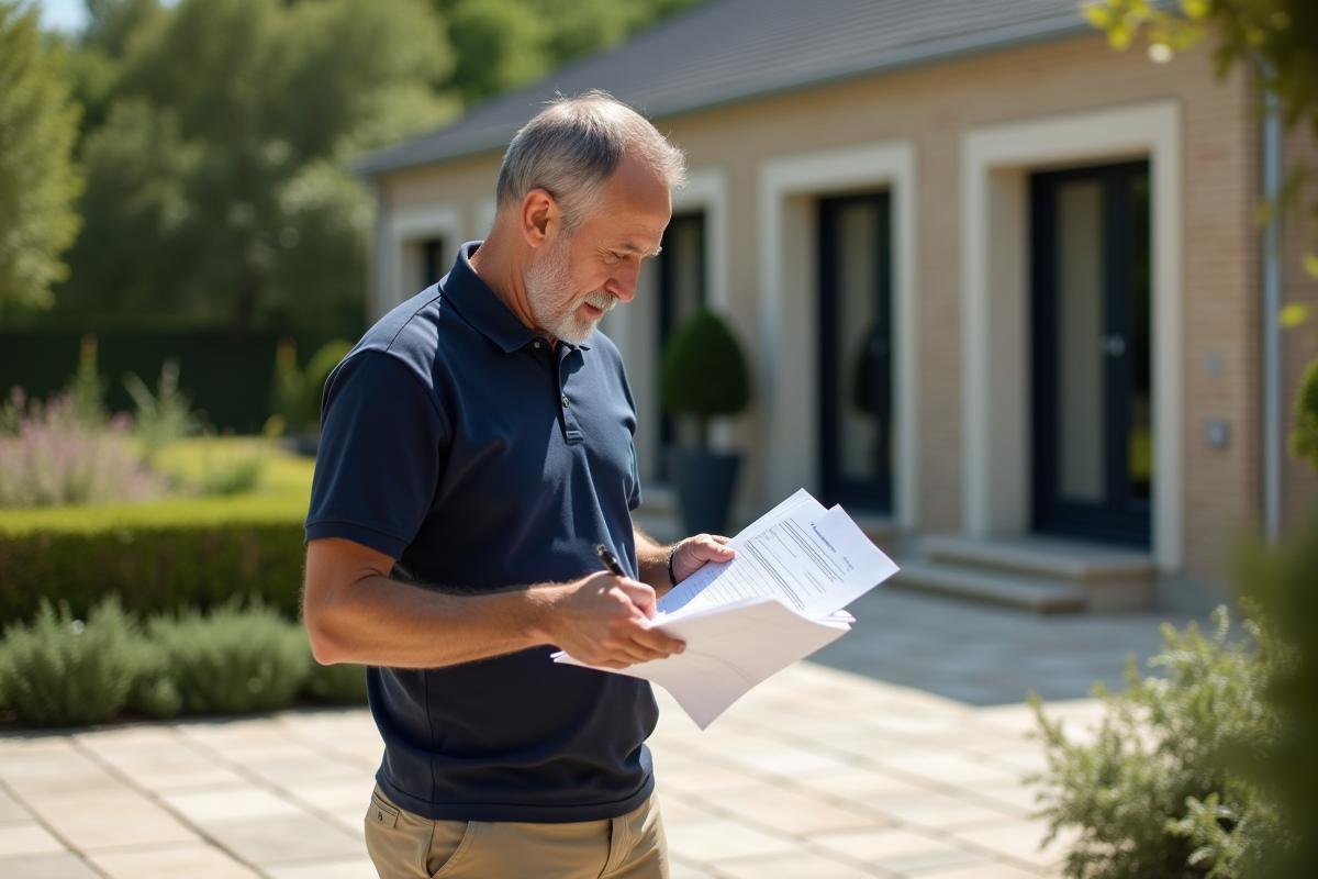 Homme regardant des formulaires sur la terrasse