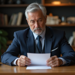 Homme en costume navy tenant une lettre d'excuses dans un intérieur moderne