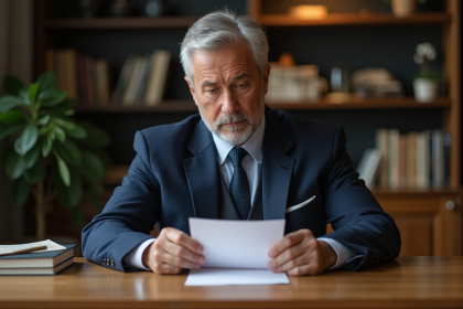 Homme en costume navy tenant une lettre d'excuses dans un intérieur moderne