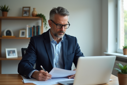 Homme en costume bleu examine documents de prêt