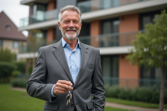Homme d'âge moyen en costume gris souriant devant un immeuble