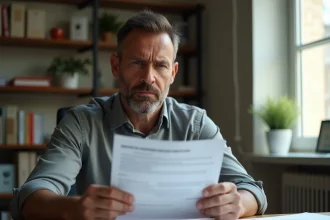 Homme tenant une lettre de refus de crédit Cofidis, assis à un bureau avec des documents financiers éparpillés