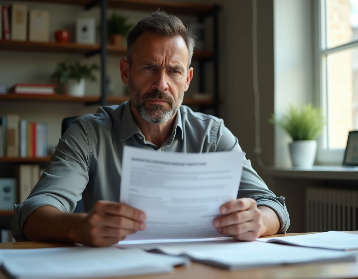 Homme tenant une lettre de refus de crédit Cofidis, assis à un bureau avec des documents financiers éparpillés