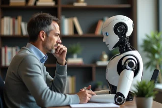 Homme d'affaires et robot humanoide dans un bureau moderne