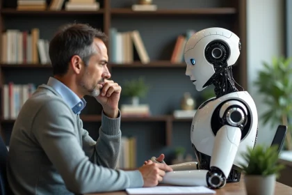 Homme d'affaires et robot humanoide dans un bureau moderne