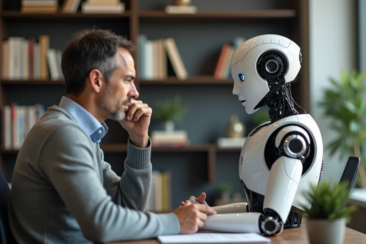 Homme d'affaires et robot humanoide dans un bureau moderne